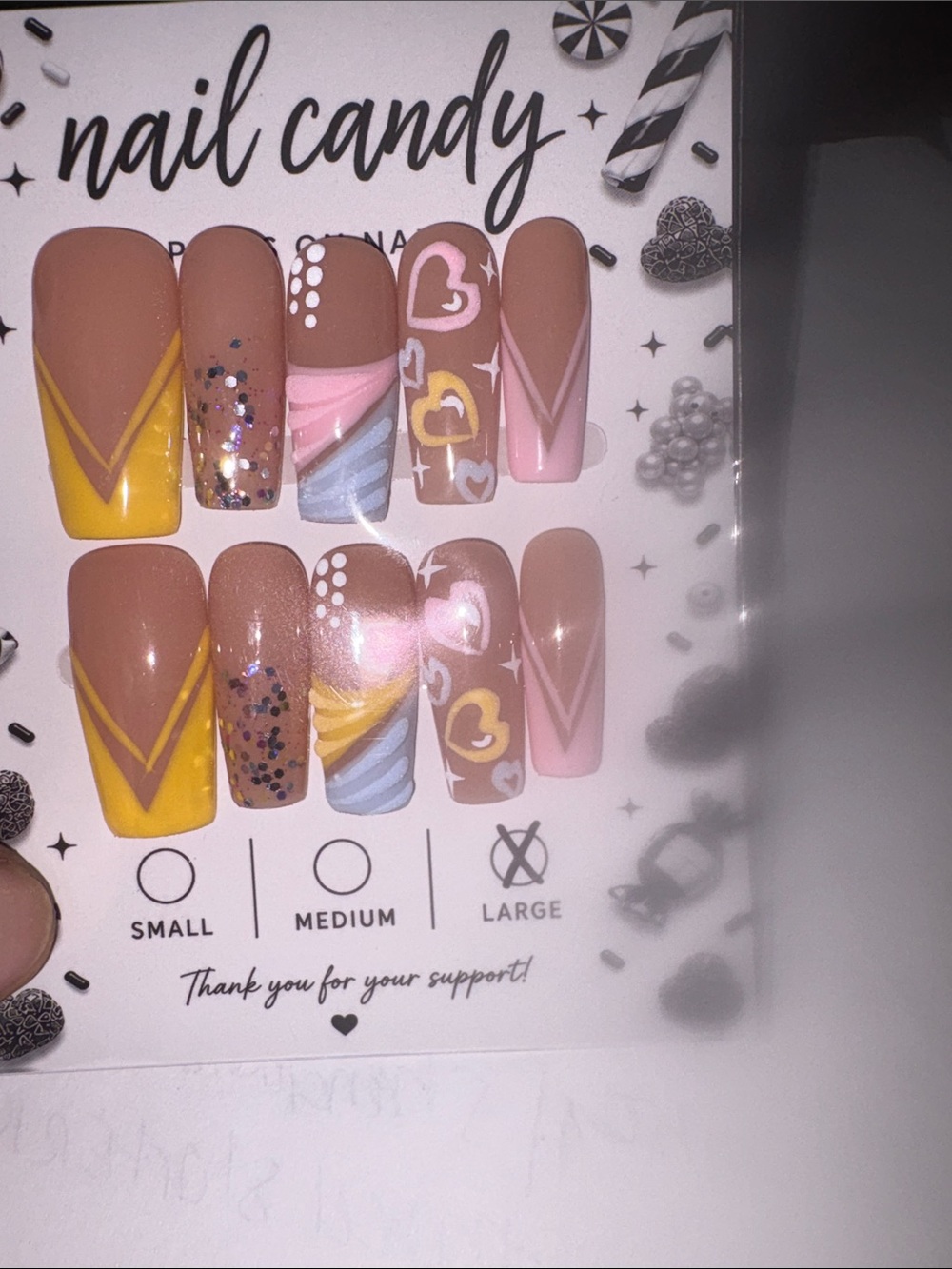NAIL CANDY PREMIUM CUSTOM NAILS SET: Pink, yellow, blue designs Sz L 3.0 FIRM$15
